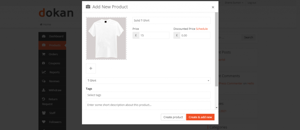 A screenshot of adding new product from frontend