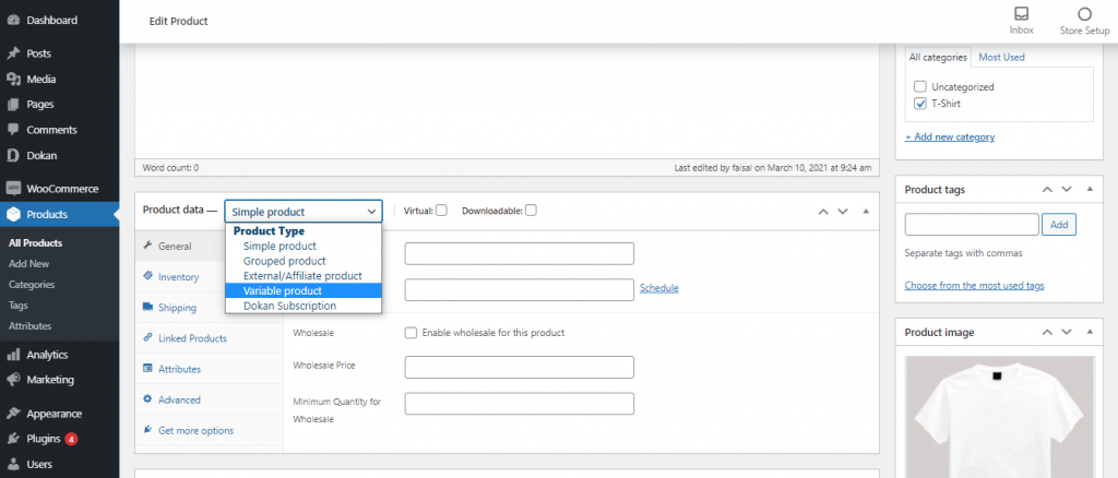 A screenshot making a product variable