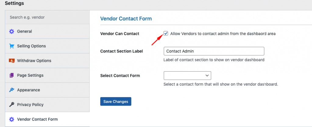 This image shows where to click to allow vendors to contact admin from the dashboard area