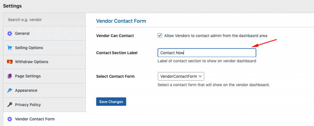 This image shows Vendor Contact Form configuration options 