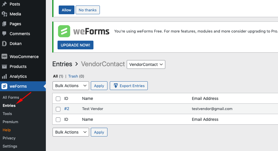 This image shows weForms Entries option