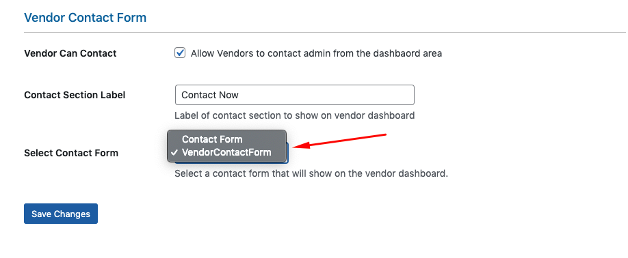 This image shows Vendor Contact Form configuration options 