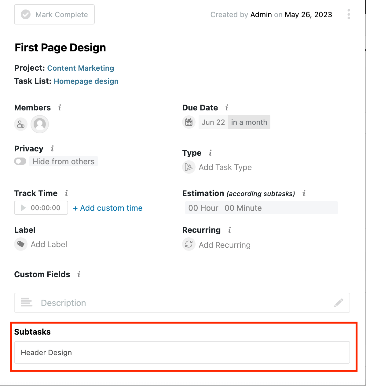 this is a screenshot of adding a subtask