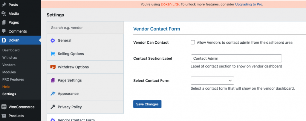 This image shows Dokan admin configuration settings 