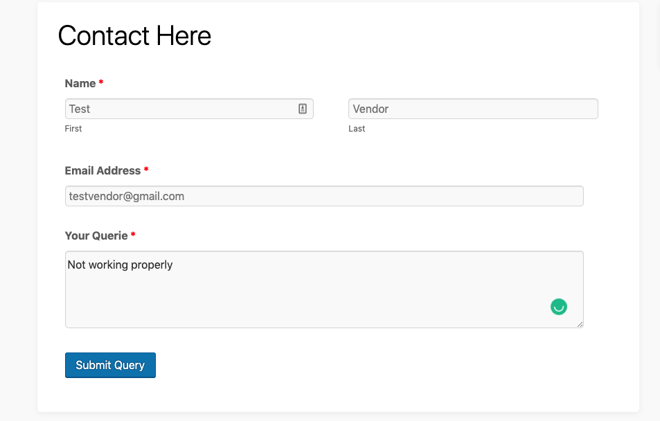 This image shows Contact Here form frontend view 