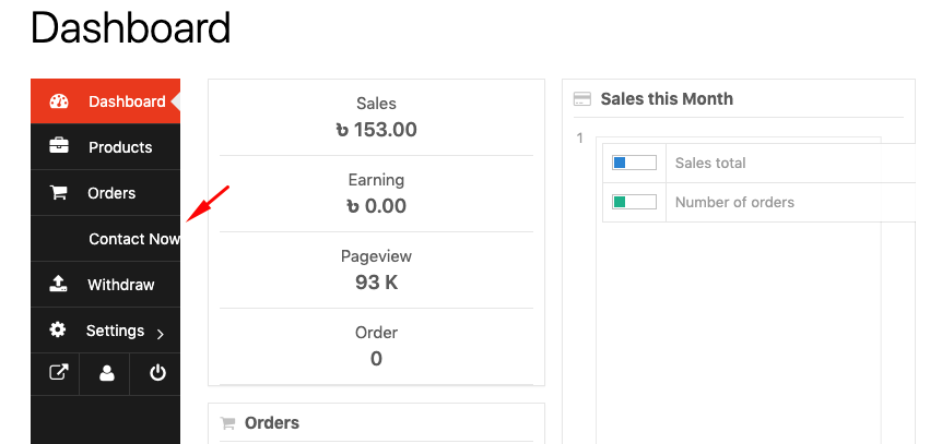 This image shows Contact Now option on a vendor dashboard 