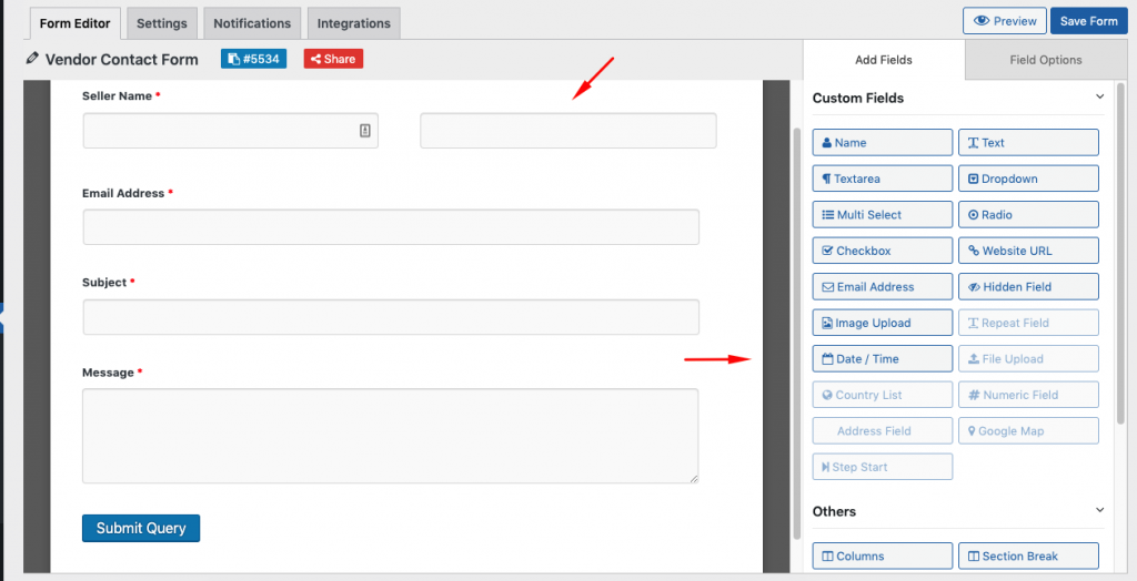 This image shows vendor contact form option 