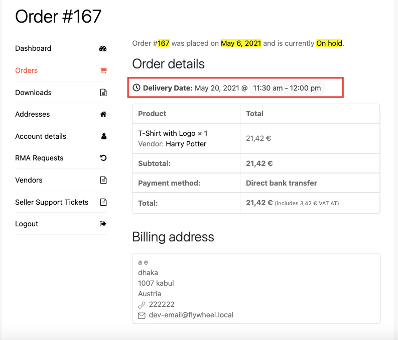 Delivery details in order