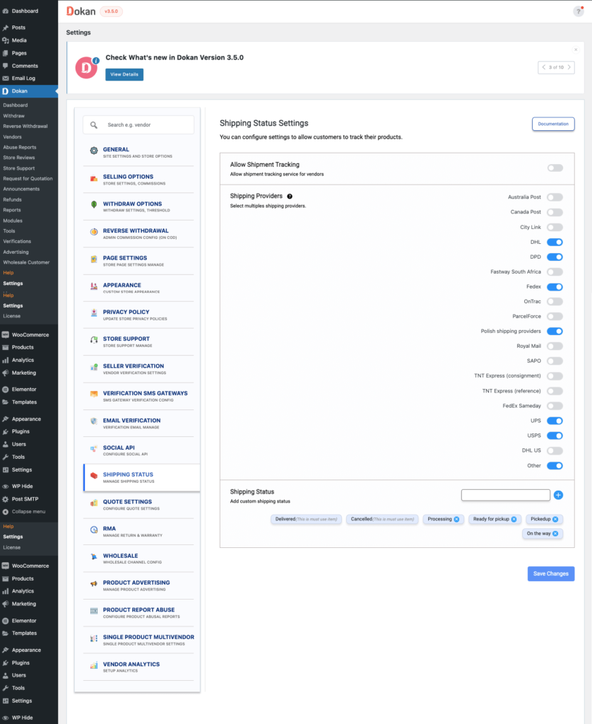 This image shows Shipping status