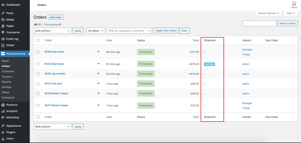 This image shows admin view Dokan shipping status