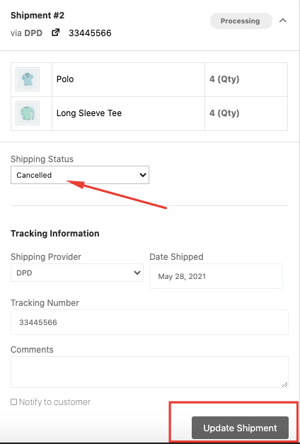 This is a screenshot to cancel order_eCommerce shipment tracking