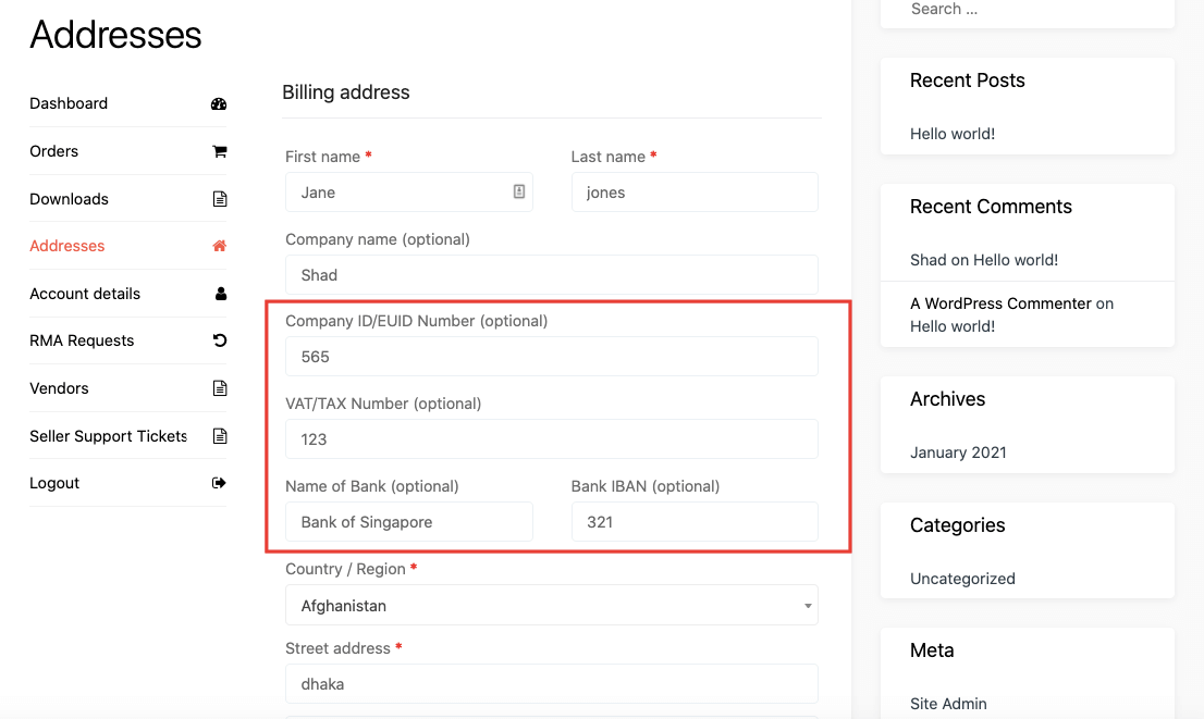 this is a screenshot of  customer fields