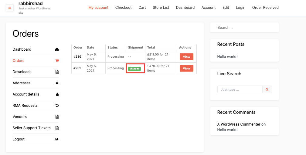 This image shows customer shipped Dokan shipping status