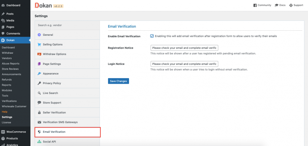 This image shows email verification option on Dokan backend