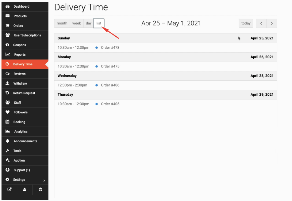 list view choose delivery date