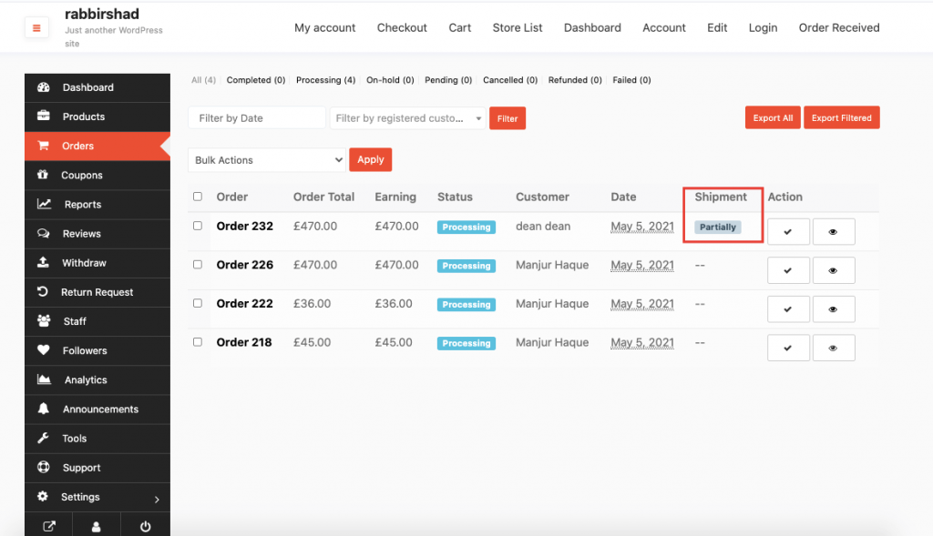 This image shows partial shipped Dokan shipping status