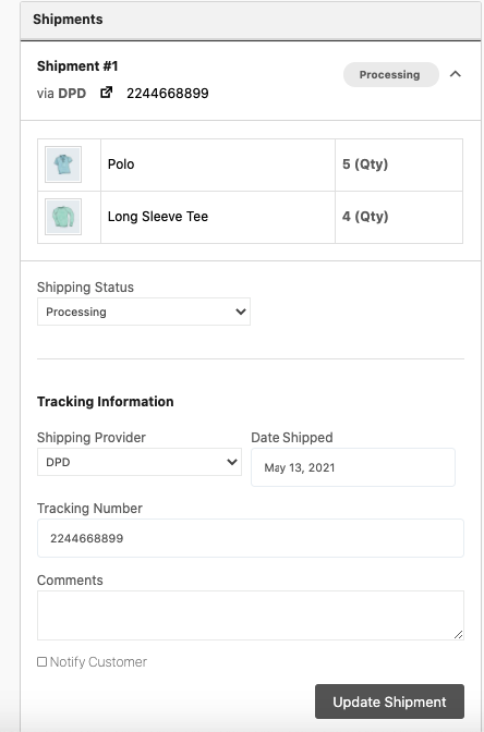 This is a screenshot of the shipment details on Dokan vendor dashboard