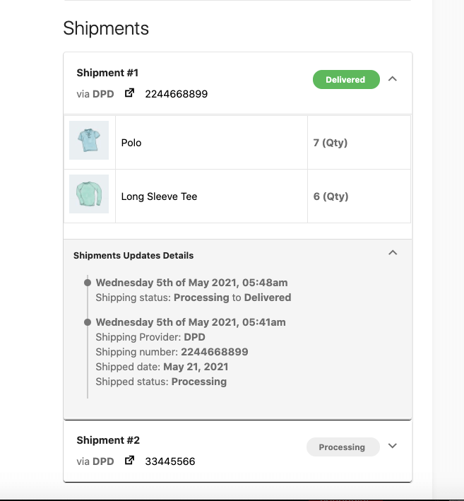 This image shows shipment details Dokan shipping status