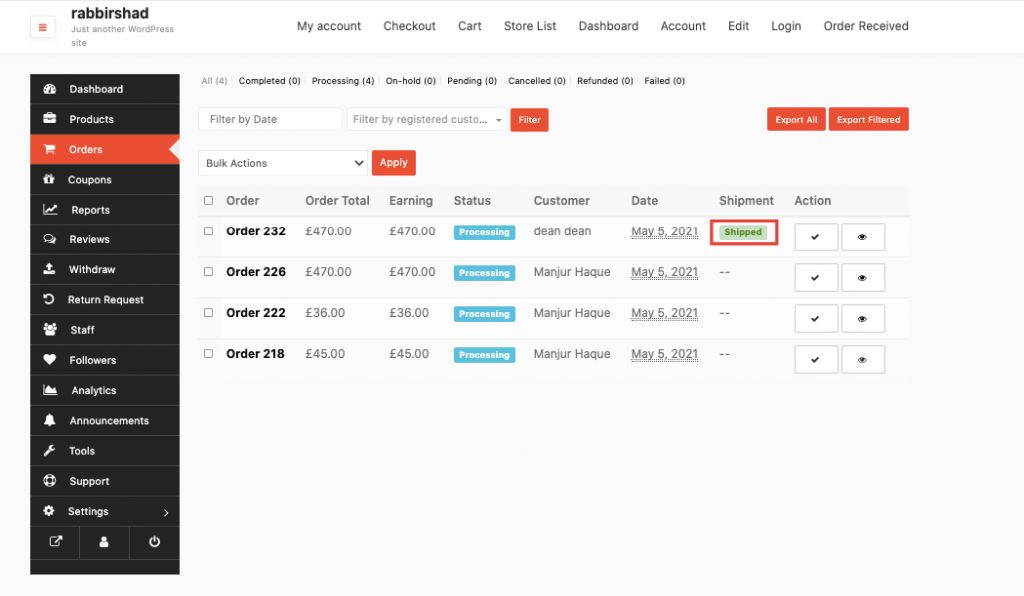 This image shows shipped Dokan shipping status