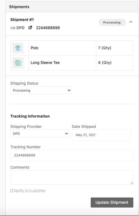 This is a screenshot to update shipment eCommerce shipment tracking