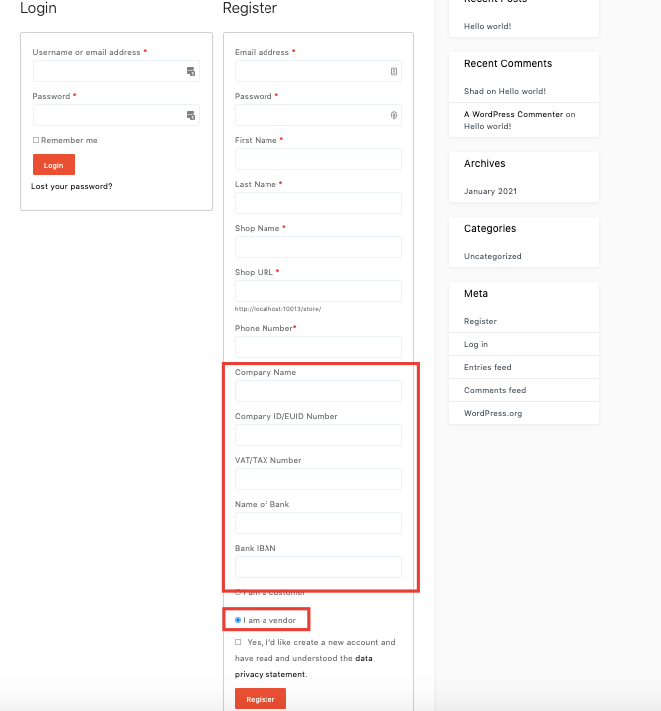 this is a screenshot of  vendor registration form