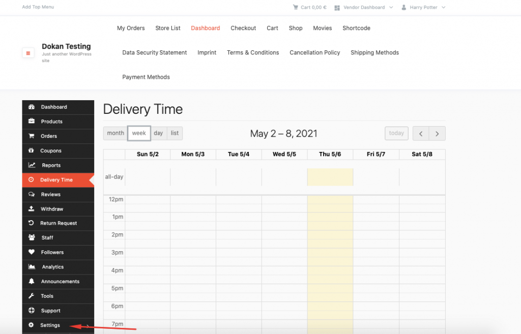vendor settings choose delivery date