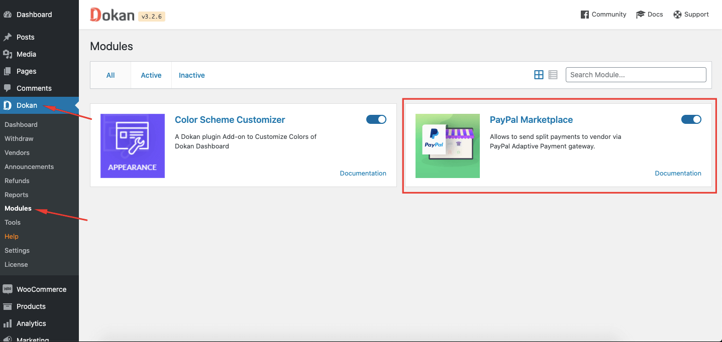This is the screenshot of how to enable Dokan PayPal Marketplace Manage Subscription Payments