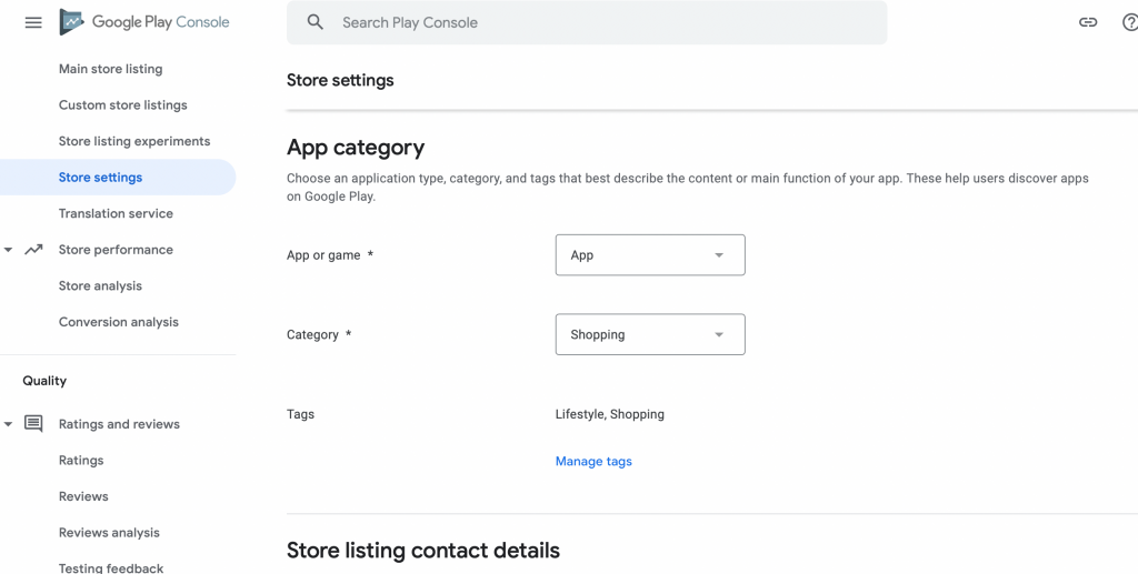 This image shows how to select Category for store listing 