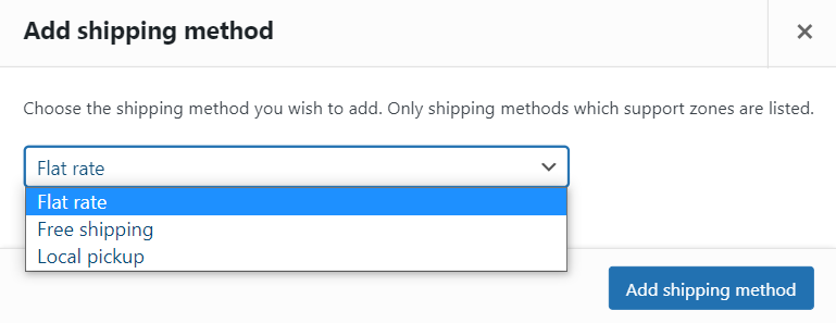A screenshot of WooCommerce add shipping method