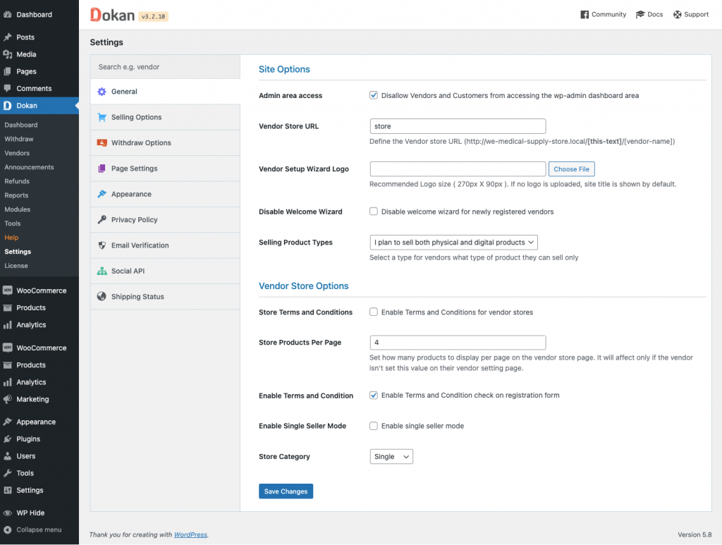 A screenshot of Dokan general Settings