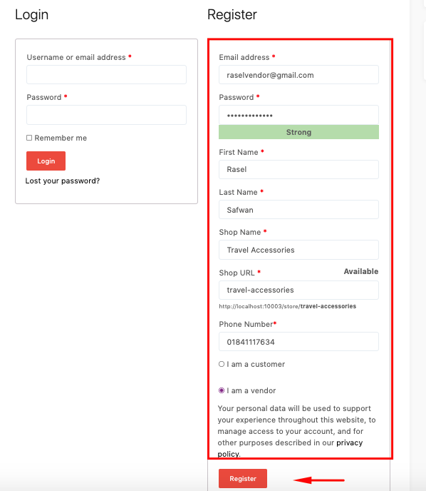 Registration form