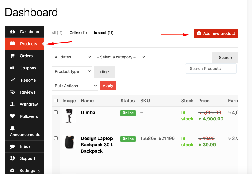 Vendor dashboard