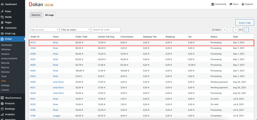 This screenshot shows shared amount between a vendor and an admin 