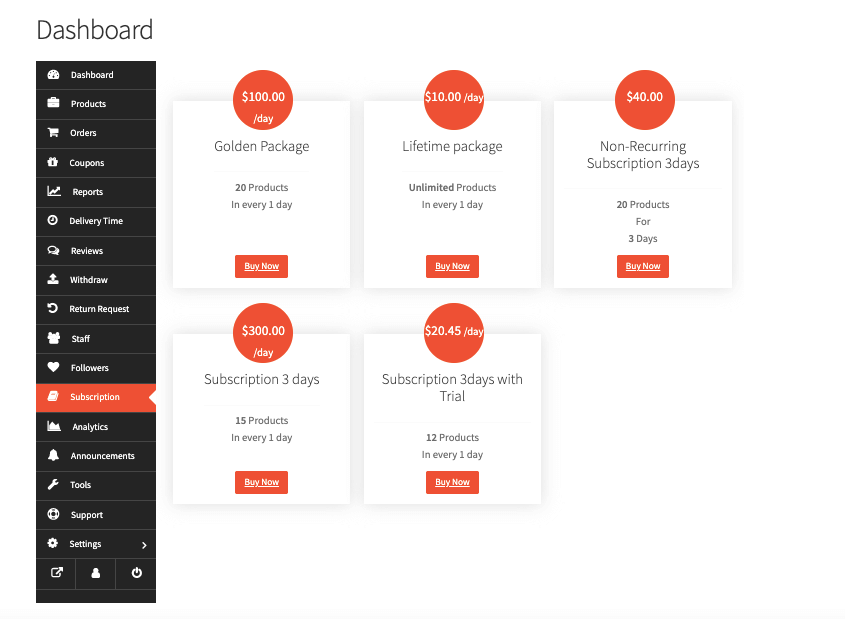 This is the screenshot of the Subscription packs from vendor dashboard Manage Subscription Payments