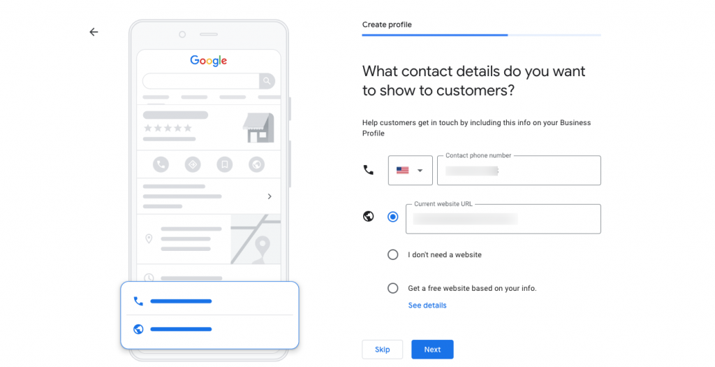 This image shows how to Enter your contact info for Google My Business account