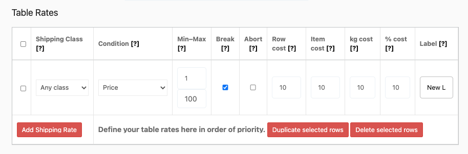 this is a screenshot of table rates