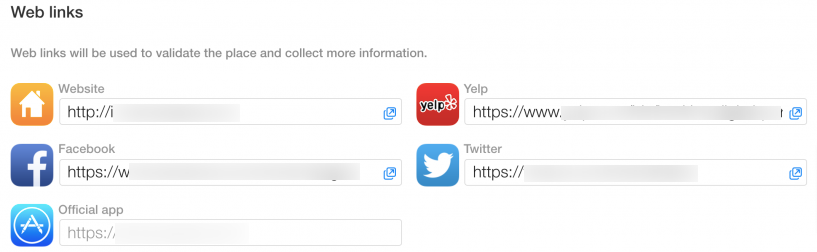 Add web links like website, fb profile, Yelp profile, Twitter, and others