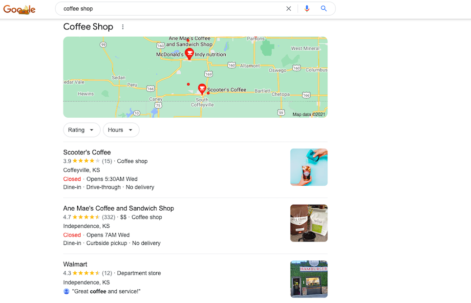 This image shows the Google result page of the search "coffee shop". 