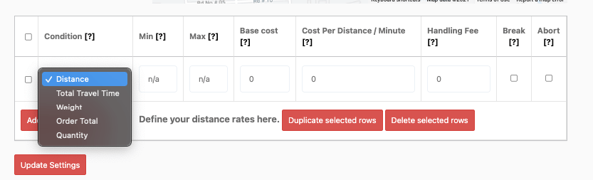 this is a screenshot of  distance rate rules
