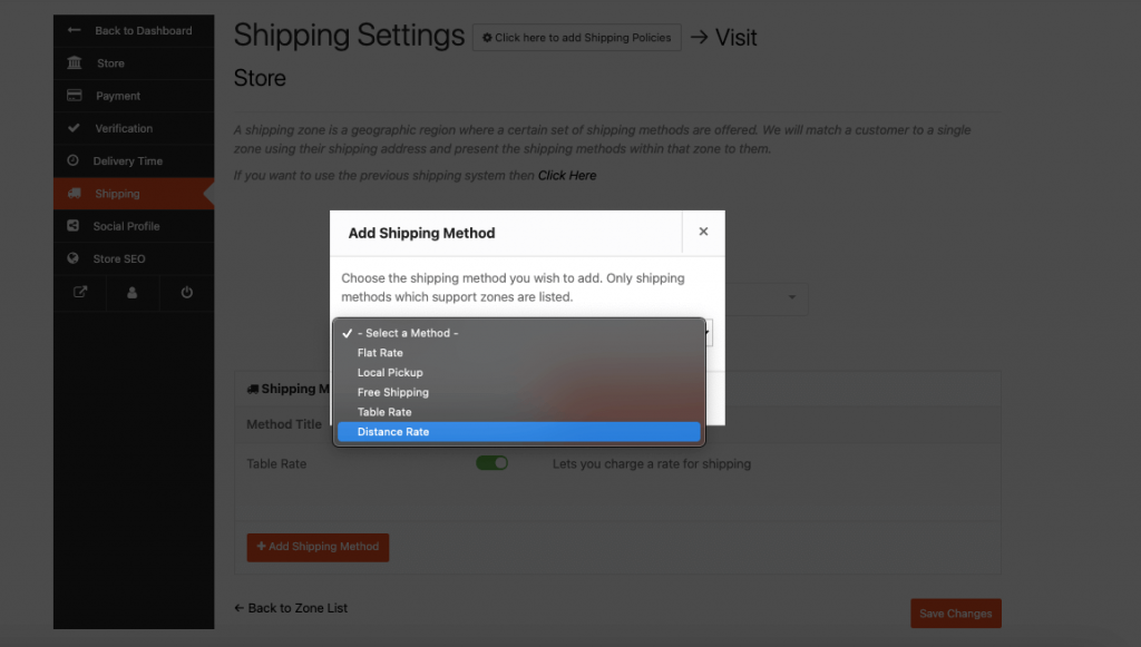 this is a screenshot of  distance rate shipping vendor