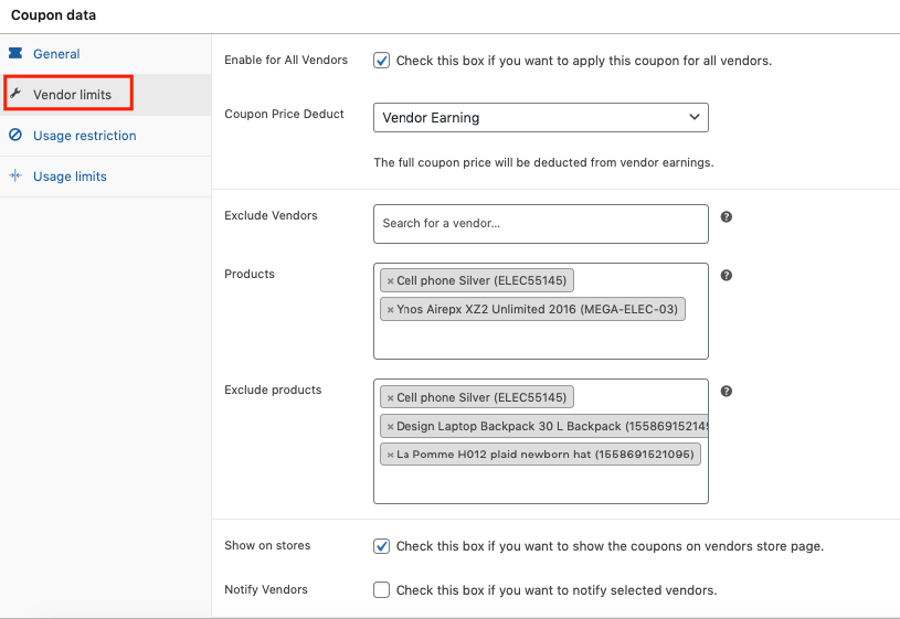 Adding vendor limits