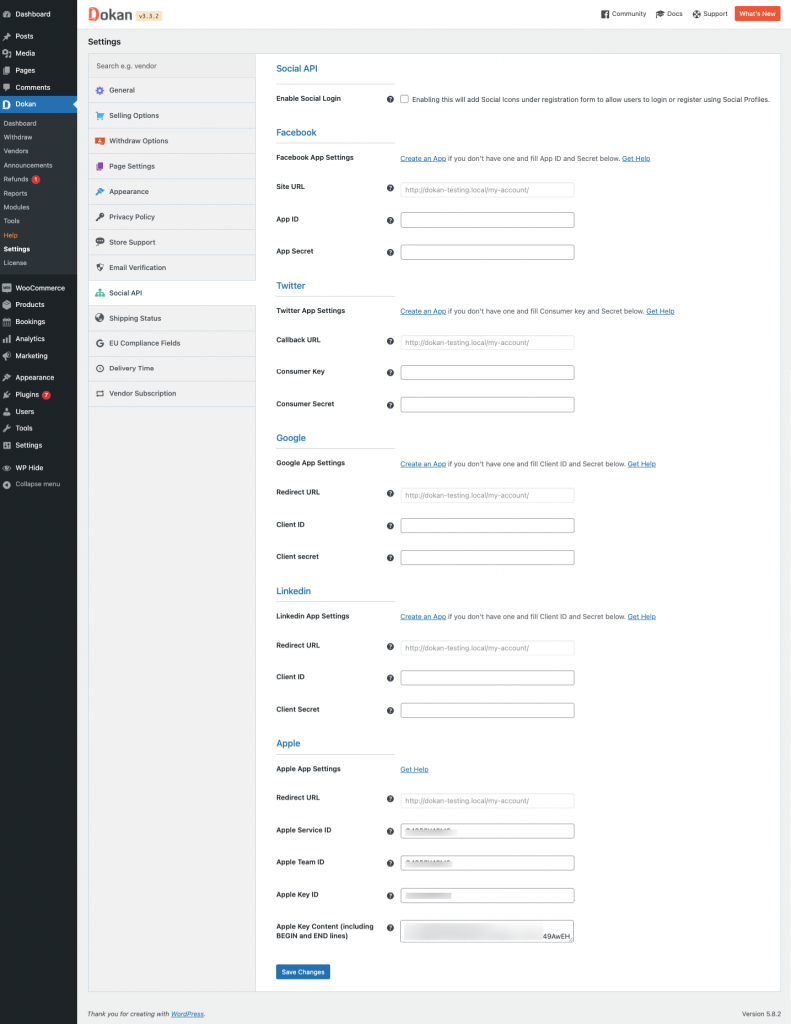 Dokan Social Overview of Dokan settings