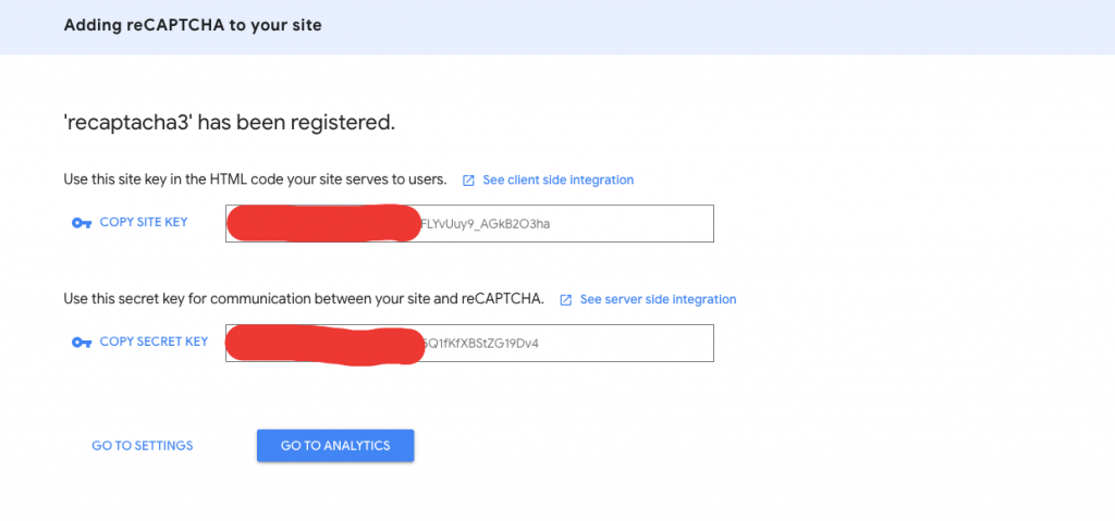 This image shows site key and sceret key