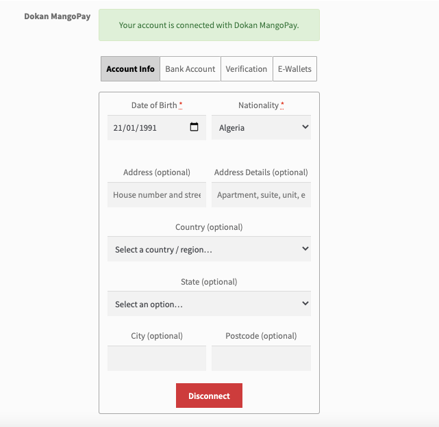 add vendor account info for Dokan mangopay payment gateway