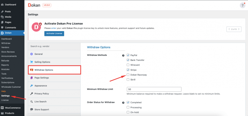 enable withdraw method