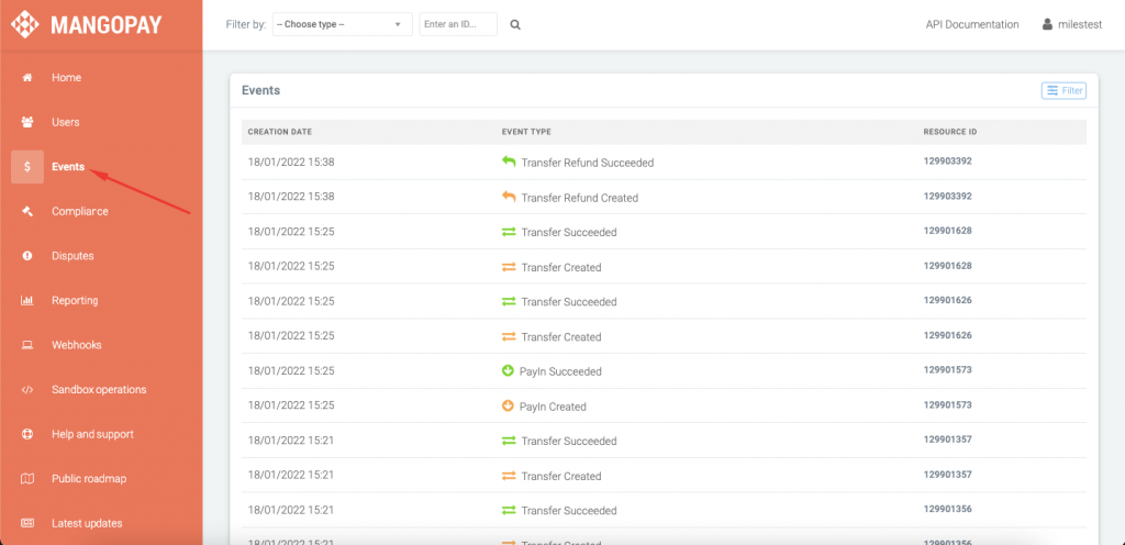 this is a screenshot of mangopay dashboard