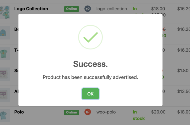 this is a screenshot of product added for advertisement subscription
