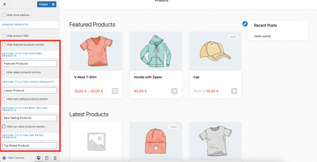 This image shows product sections option