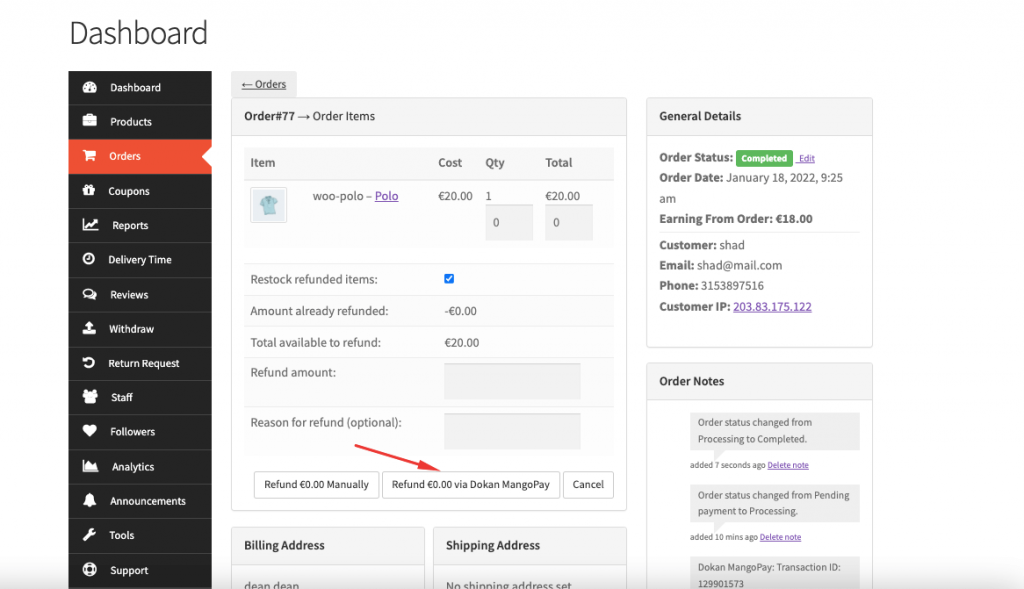 Refund Order From Vendor Dashboard_ mangopay payment gateway for Dokan