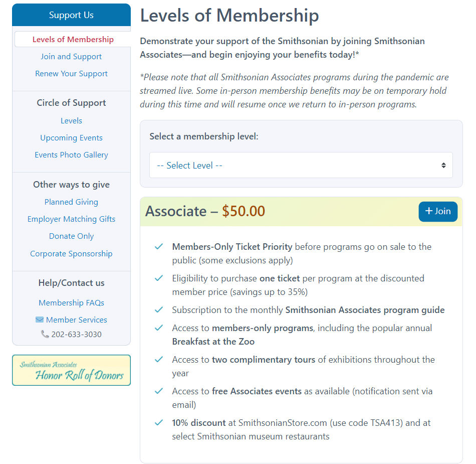 smithsonianassociates-levels of membership